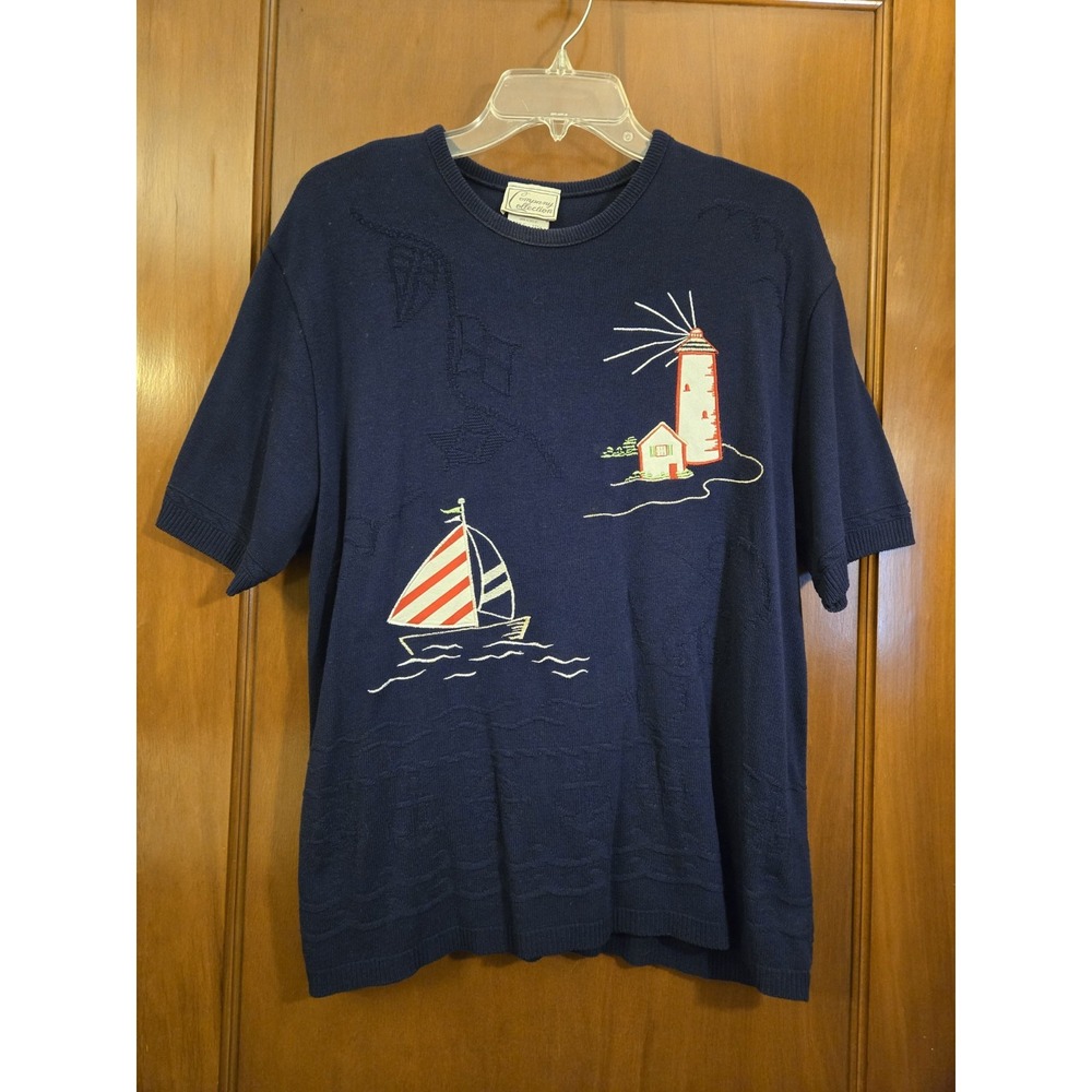 Vtg Sailboat Navy Blue Sweater Nautical Whimsy Coastal Novelty Women's Size XL